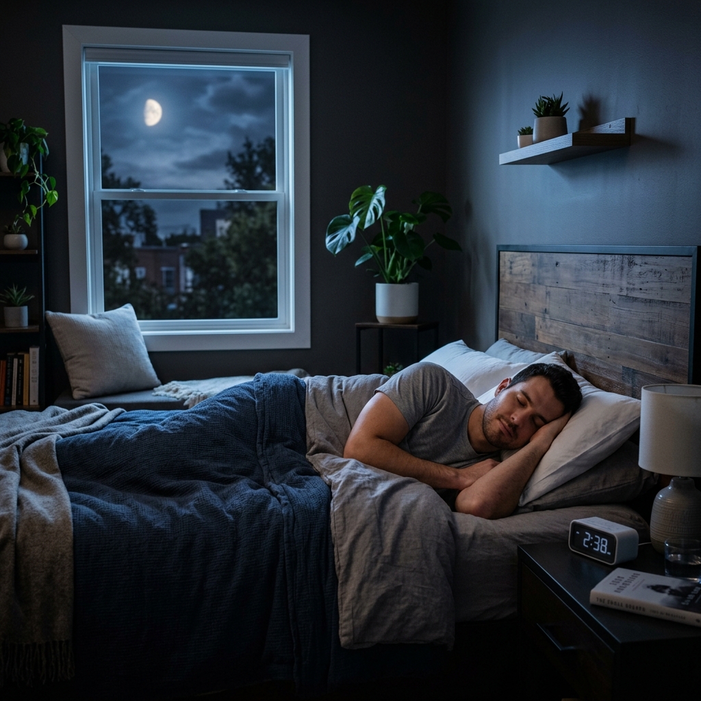 A man sleeping restfully and deeply in a quiet dark bedroom
